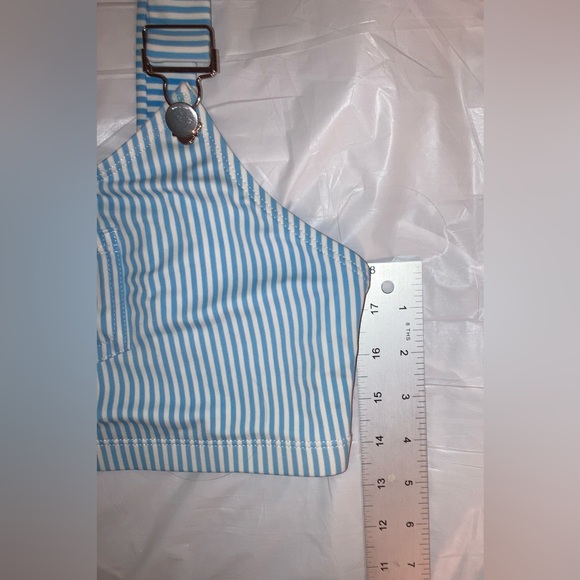 Bikini TOP WITH SUSPENDERS & POCKET!! Tiffany Blue Striped Silver hardware Lg - Picture 5 of 13